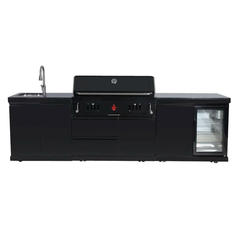 Stainless steel outdoor kitchen with black marble countertop